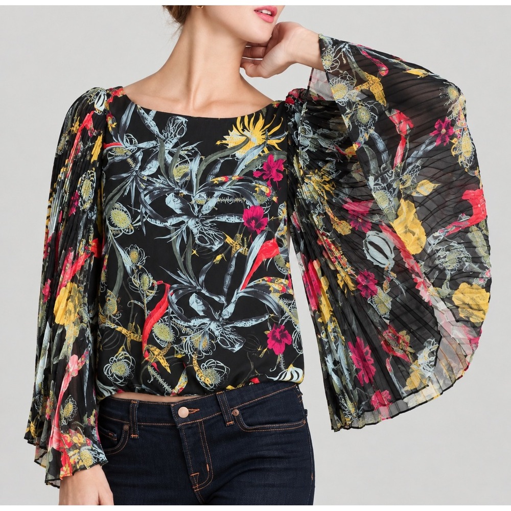 Alice + Olivia Floral Pleated Bell Sleeve Blouse Black Botanical XS Boho Chic